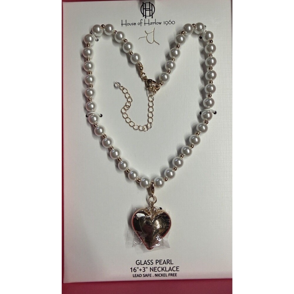 House Of Harlow 1960 Glass Pearl Necklace Gold Tone Heart Pendant NIB 16"+3"